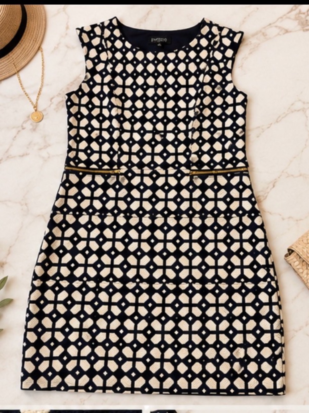 Enfocus Studio Black and Cream Sleeveless Geometric Mini Dress